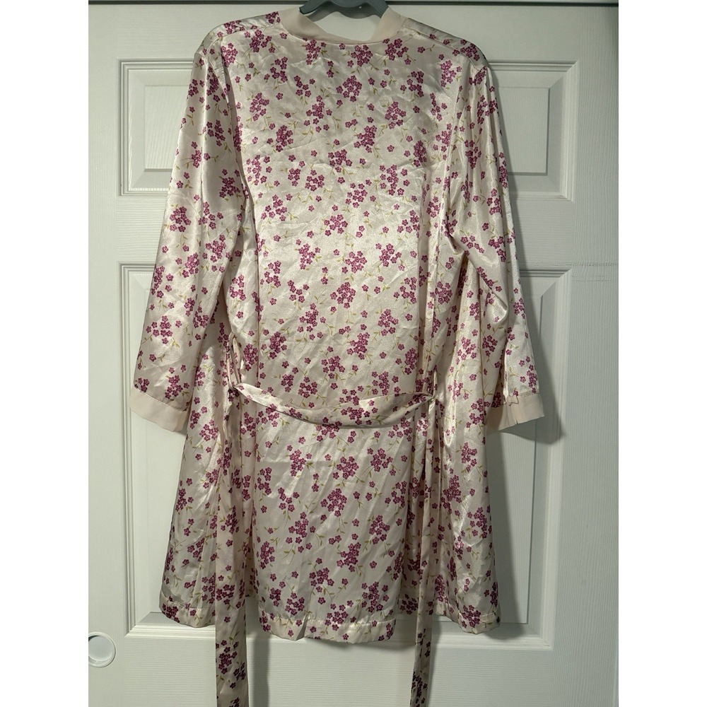 Morgan Taylor Intimates Pink Floral Coquette Shiny Satin Belted Robe Sheer Bow